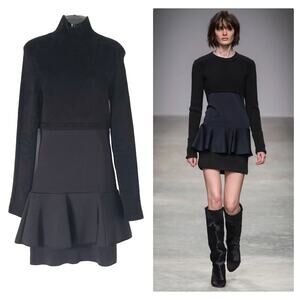 Issa London Black Heavy Ribbed Knit Long Sleeve Mini Dress Peplum Hem Medium